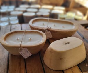 Hand carved wood and epoxy bowls. Soy and essential oil candles.